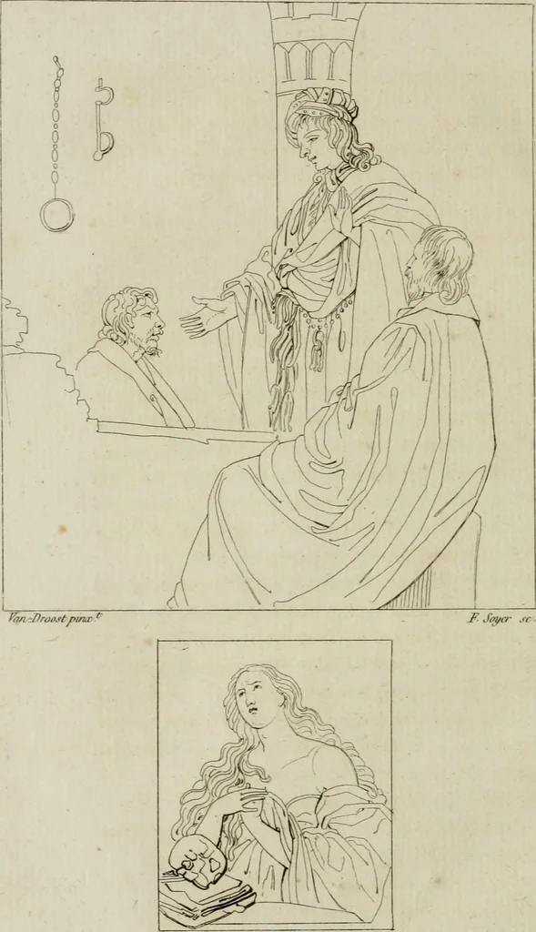 An illustration from Annales du musée et de l'école moderne des beaux-arts : recueil de gravures au trait, d'après les principaux ouvrages de peinture, sculpture, ou projets d'architecture, qui, chaque année, ont remporté le prix, soit aux écoles spéciales, soit aux concours nationaux : les productions des artistes en tous genres, qui, aux différentes expositions, ont été citées avec éloges : les morceaux les plus estimés ou inédits de la galerie de peinture : la suite complète de celle des antiques : édifices anciens et modernes, etc., 1800, leaf 227