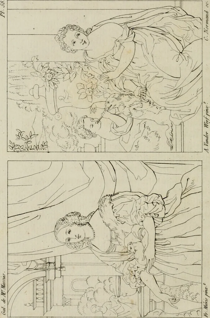An illustration from Annales du musée et de l'école moderne des beaux-arts : recueil de gravures au trait, d'après les principaux ouvrages de peinture, sculpture, ou projets d'architecture, qui, chaque année, ont remporté le prix, soit aux écoles spéciales, soit aux concours nationaux : les productions des artistes en tous genres, qui, aux différentes expositions, ont été citées avec éloges : les morceaux les plus estimés ou inédits de la galerie de peinture : la suite complète de celle des antiques : édifices anciens et modernes, etc., 1800, leaf 239