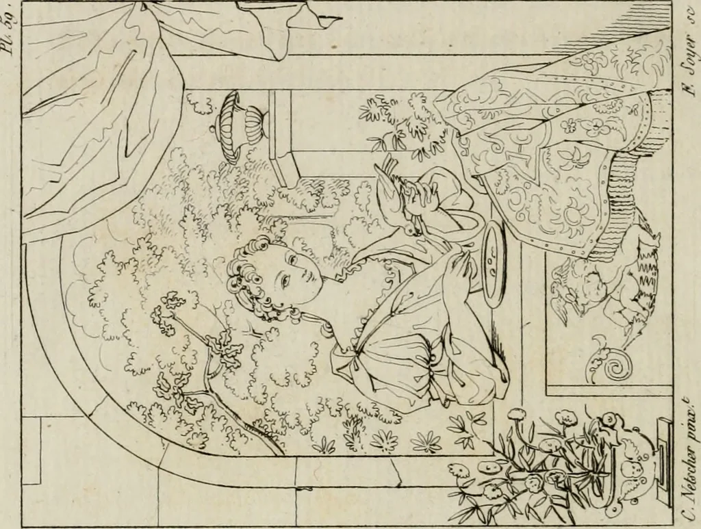 An illustration from Annales du musée et de l'école moderne des beaux-arts : recueil de gravures au trait, d'après les principaux ouvrages de peinture, sculpture, ou projets d'architecture, qui, chaque année, ont remporté le prix, soit aux écoles spéciales, soit aux concours nationaux : les productions des artistes en tous genres, qui, aux différentes expositions, ont été citées avec éloges : les morceaux les plus estimés ou inédits de la galerie de peinture : la suite complète de celle des antiques : édifices anciens et modernes, etc., 1800, leaf 243