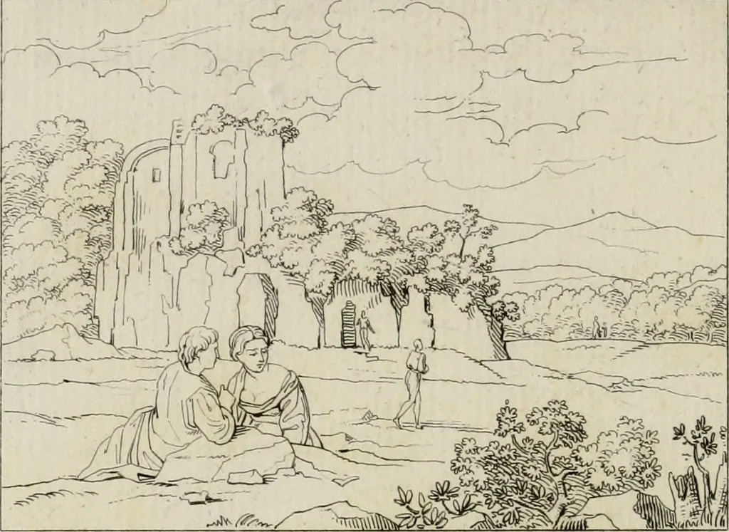 An illustration from Annales du musée et de l'école moderne des beaux-arts : recueil de gravures au trait, d'après les principaux ouvrages de peinture, sculpture, ou projets d'architecture, qui, chaque année, ont remporté le prix, soit aux écoles spéciales, soit aux concours nationaux : les productions des artistes en tous genres, qui, aux différentes expositions, ont été citées avec éloges : les morceaux les plus estimés ou inédits de la galerie de peinture : la suite complète de celle des antiques : édifices anciens et modernes, etc., 1800, leaf 247
