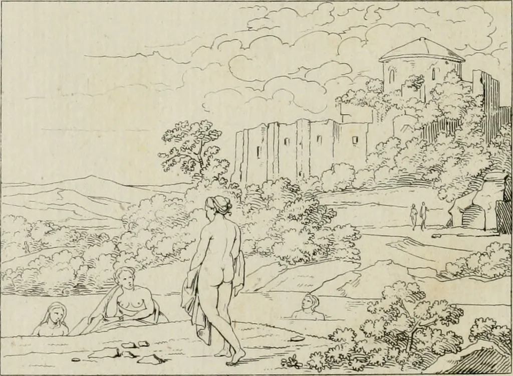 An illustration from Annales du musée et de l'école moderne des beaux-arts : recueil de gravures au trait, d'après les principaux ouvrages de peinture, sculpture, ou projets d'architecture, qui, chaque année, ont remporté le prix, soit aux écoles spéciales, soit aux concours nationaux : les productions des artistes en tous genres, qui, aux différentes expositions, ont été citées avec éloges : les morceaux les plus estimés ou inédits de la galerie de peinture : la suite complète de celle des antiques : édifices anciens et modernes, etc., 1800, leaf 247