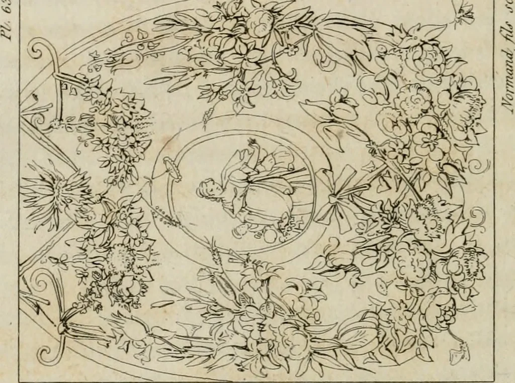 An illustration from Annales du musée et de l'école moderne des beaux-arts : recueil de gravures au trait, d'après les principaux ouvrages de peinture, sculpture, ou projets d'architecture, qui, chaque année, ont remporté le prix, soit aux écoles spéciales, soit aux concours nationaux : les productions des artistes en tous genres, qui, aux différentes expositions, ont été citées avec éloges : les morceaux les plus estimés ou inédits de la galerie de peinture : la suite complète de celle des antiques : édifices anciens et modernes, etc., 1800, leaf 259