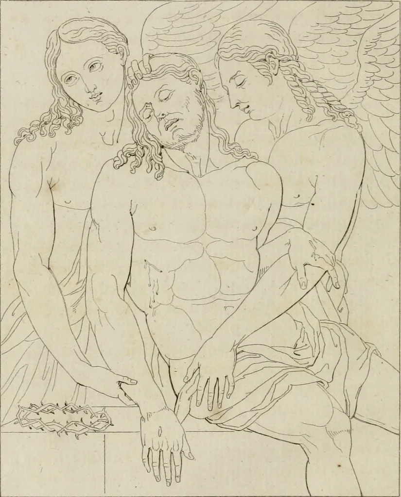 An illustration from Annales du musée et de l'école moderne des beaux-arts : recueil de gravures au trait, d'après les principaux ouvrages de peinture, sculpture, ou projets d'architecture, qui, chaque année, ont remporté le prix, soit aux écoles spéciales, soit aux concours nationaux : les productions des artistes en tous genres, qui, aux différentes expositions, ont été citées avec éloges : les morceaux les plus estimés ou inédits de la galerie de peinture : la suite complète de celle des antiques : édifices anciens et modernes, etc., 1800, leaf 27