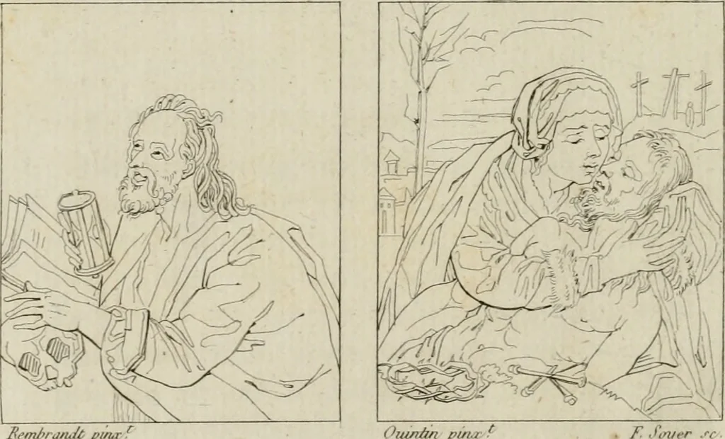 An illustration from Annales du musée et de l'école moderne des beaux-arts : recueil de gravures au trait, d'après les principaux ouvrages de peinture, sculpture, ou projets d'architecture, qui, chaque année, ont remporté le prix, soit aux écoles spéciales, soit aux concours nationaux : les productions des artistes en tous genres, qui, aux différentes expositions, ont été citées avec éloges : les morceaux les plus estimés ou inédits de la galerie de peinture : la suite complète de celle des antiques : édifices anciens et modernes, etc., 1800, leaf 287