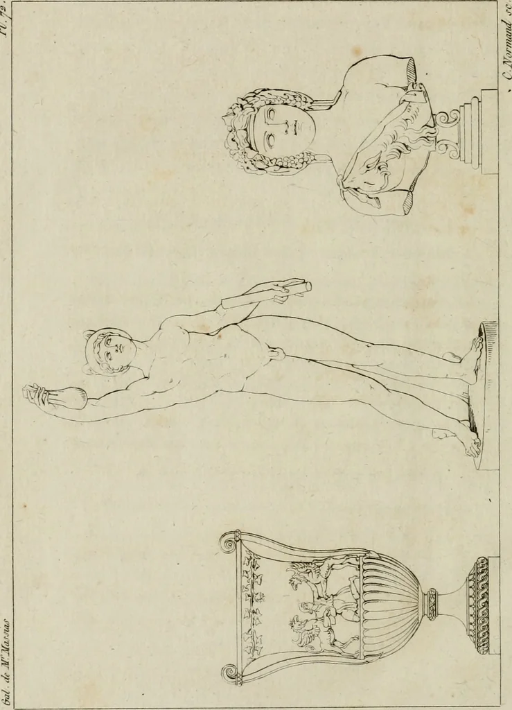 An illustration from Annales du musée et de l'école moderne des beaux-arts : recueil de gravures au trait, d'après les principaux ouvrages de peinture, sculpture, ou projets d'architecture, qui, chaque année, ont remporté le prix, soit aux écoles spéciales, soit aux concours nationaux : les productions des artistes en tous genres, qui, aux différentes expositions, ont été citées avec éloges : les morceaux les plus estimés ou inédits de la galerie de peinture : la suite complète de celle des antiques : édifices anciens et modernes, etc., 1800, leaf 295