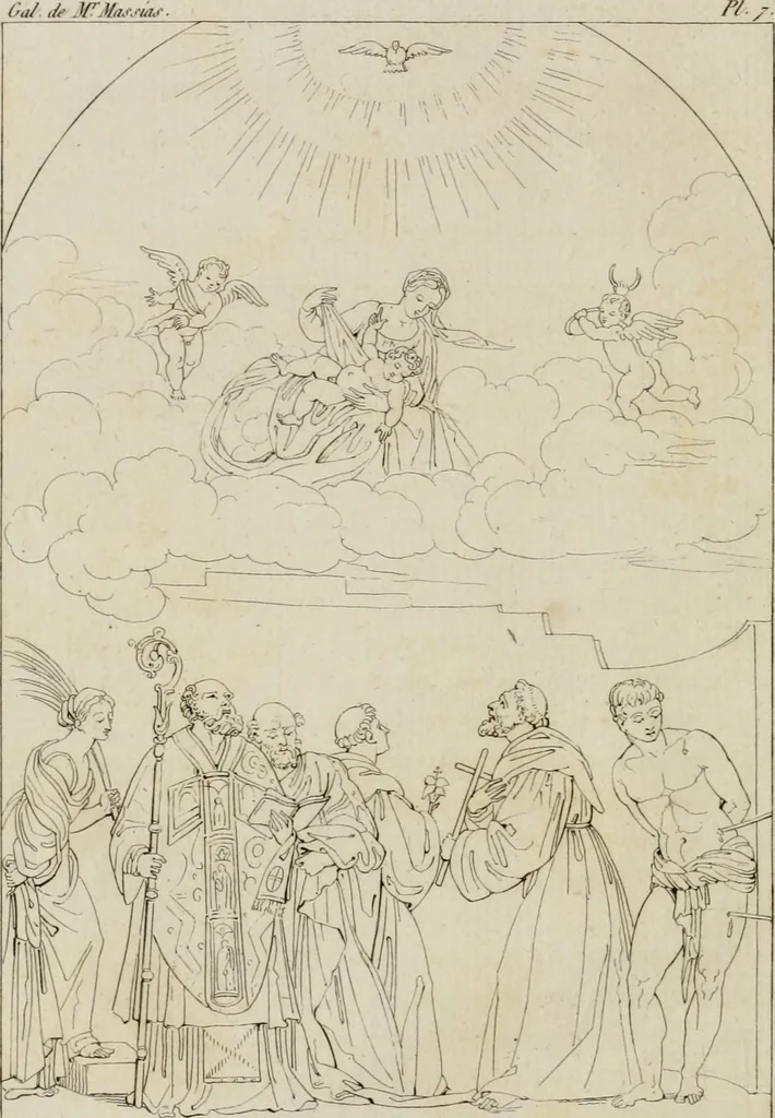 An illustration from Annales du musée et de l'école moderne des beaux-arts : recueil de gravures au trait, d'après les principaux ouvrages de peinture, sculpture, ou projets d'architecture, qui, chaque année, ont remporté le prix, soit aux écoles spéciales, soit aux concours nationaux : les productions des artistes en tous genres, qui, aux différentes expositions, ont été citées avec éloges : les morceaux les plus estimés ou inédits de la galerie de peinture : la suite complète de celle des antiques : édifices anciens et modernes, etc., 1800, leaf 35