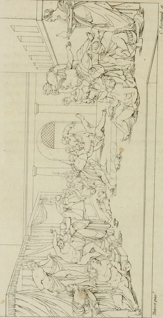 An illustration from Annales du musée et de l'école moderne des beaux-arts : recueil de gravures au trait, d'après les principaux ouvrages de peinture, sculpture, ou projets d'architecture, qui, chaque année, ont remporté le prix, soit aux écoles spéciales, soit aux concours nationaux : les productions des artistes en tous genres, qui, aux différentes expositions, ont été citées avec éloges : les morceaux les plus estimés ou inédits de la galerie de peinture : la suite complète de celle des antiques : édifices anciens et modernes, etc., 1800, leaf 71