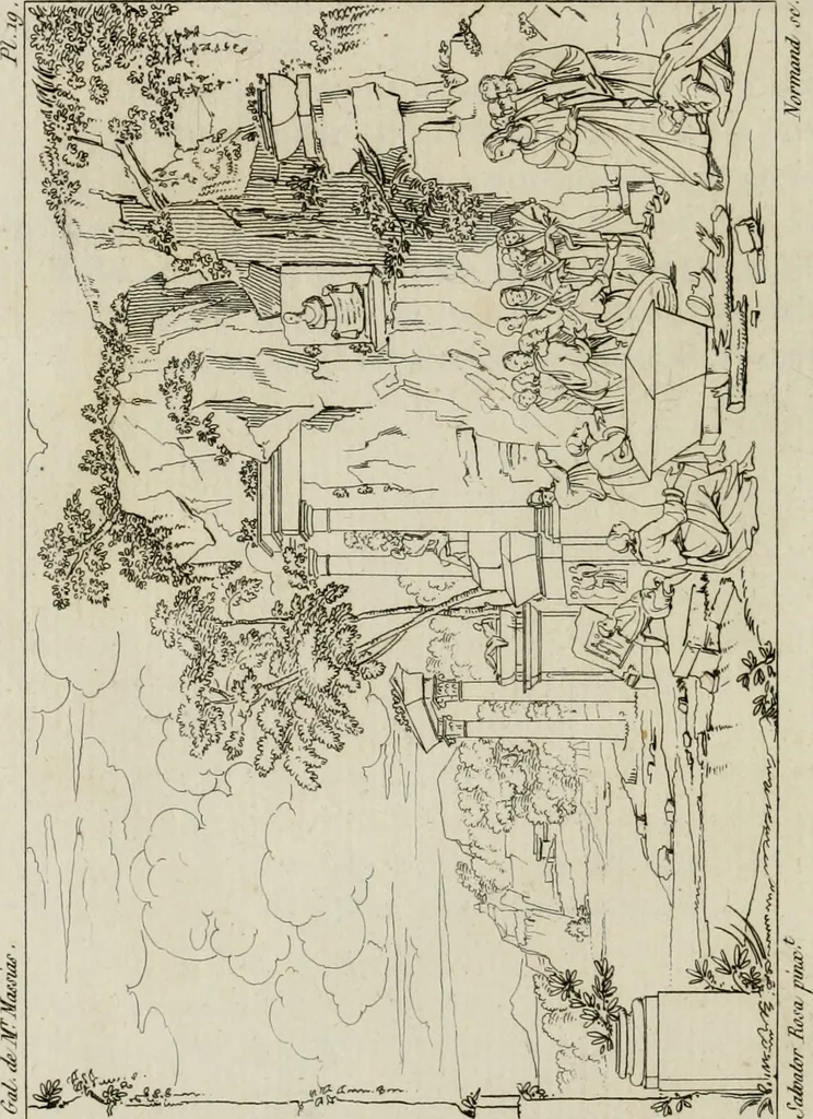 An illustration from Annales du musée et de l'école moderne des beaux-arts : recueil de gravures au trait, d'après les principaux ouvrages de peinture, sculpture, ou projets d'architecture, qui, chaque année, ont remporté le prix, soit aux écoles spéciales, soit aux concours nationaux : les productions des artistes en tous genres, qui, aux différentes expositions, ont été citées avec éloges : les morceaux les plus estimés ou inédits de la galerie de peinture : la suite complète de celle des antiques : édifices anciens et modernes, etc., 1800, leaf 83