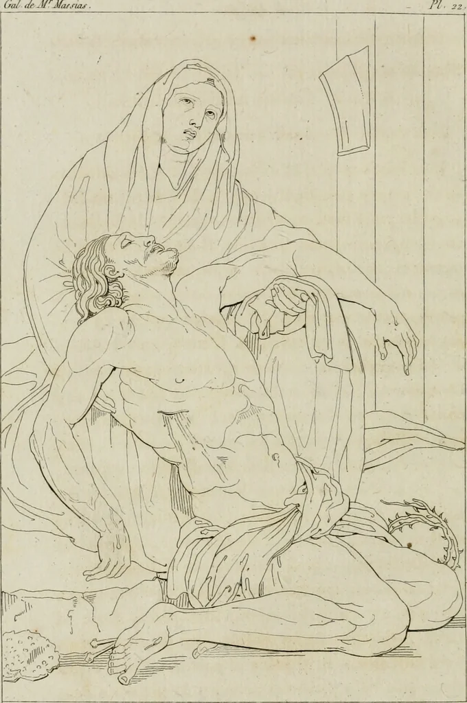 An illustration from Annales du musée et de l'école moderne des beaux-arts : recueil de gravures au trait, d'après les principaux ouvrages de peinture, sculpture, ou projets d'architecture, qui, chaque année, ont remporté le prix, soit aux écoles spéciales, soit aux concours nationaux : les productions des artistes en tous genres, qui, aux différentes expositions, ont été citées avec éloges : les morceaux les plus estimés ou inédits de la galerie de peinture : la suite complète de celle des antiques : édifices anciens et modernes, etc., 1800, leaf 95