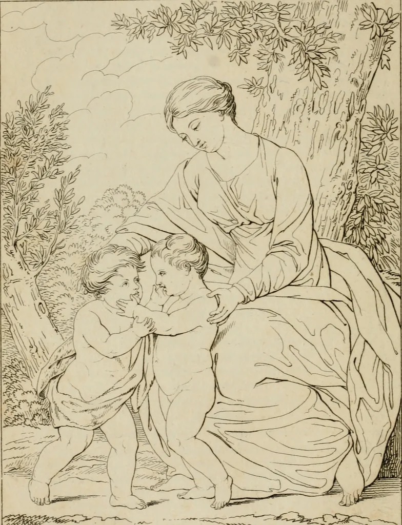 An illustration from Annales du Salon de Gand et de l'école moderne des Pays-Bas : recueil de morceaux choisis parmi les ouvrages de peinture, sculpture, architecture et gravure, esposés au musée en 1820, et d'autres nouvelles productions d l'art : gravés au trait, avec l'explication des sujets et une notice sur les artistes, 1823, leaf 107