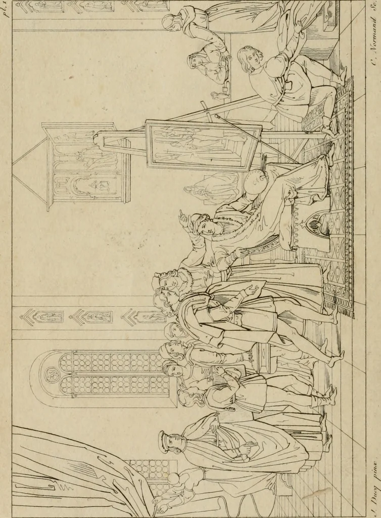 An illustration from Annales du Salon de Gand et de l'école moderne des Pays-Bas : recueil de morceaux choisis parmi les ouvrages de peinture, sculpture, architecture et gravure, esposés au musée en 1820, et d'autres nouvelles productions d l'art : gravés au trait, avec l'explication des sujets et une notice sur les artistes, 1823, leaf 15