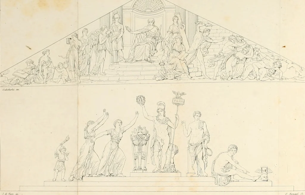 An illustration from Annales du Salon de Gand et de l'école moderne des Pays-Bas : recueil de morceaux choisis parmi les ouvrages de peinture, sculpture, architecture et gravure, esposés au musée en 1820, et d'autres nouvelles productions d l'art : gravés au trait, avec l'explication des sujets et une notice sur les artistes, 1823, leaf 186