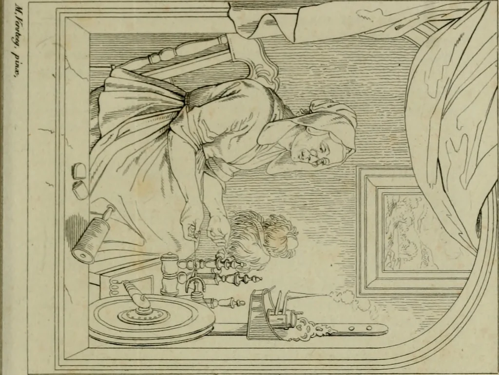 An illustration from Annales du Salon de Gand et de l'école moderne des Pays-Bas : recueil de morceaux choisis parmi les ouvrages de peinture, sculpture, architecture et gravure, esposés au musée en 1820, et d'autres nouvelles productions d l'art : gravés au trait, avec l'explication des sujets et une notice sur les artistes, 1823, leaf 198