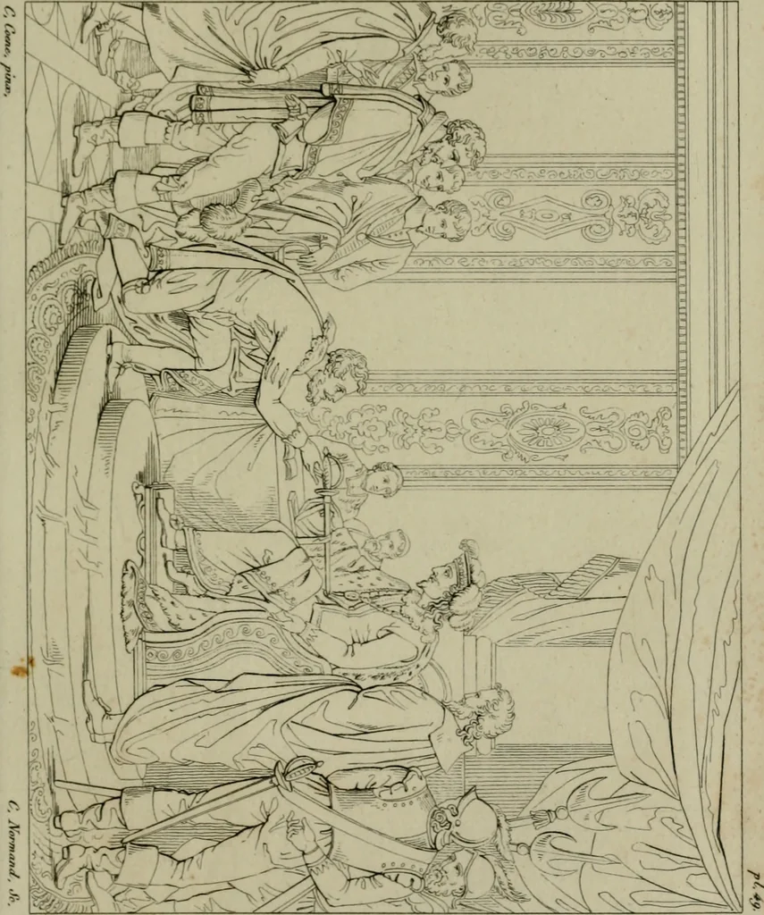 An illustration from Annales du Salon de Gand et de l'école moderne des Pays-Bas : recueil de morceaux choisis parmi les ouvrages de peinture, sculpture, architecture et gravure, esposés au musée en 1820, et d'autres nouvelles productions d l'art : gravés au trait, avec l'explication des sujets et une notice sur les artistes, 1823, leaf 202