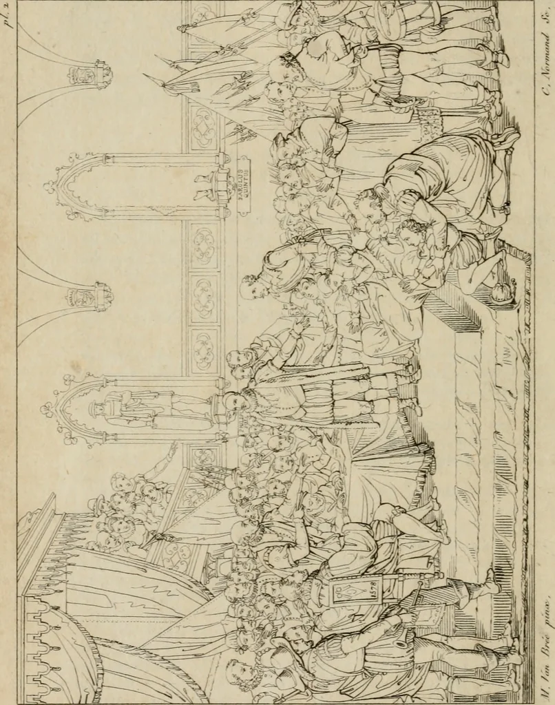 An illustration from Annales du Salon de Gand et de l'école moderne des Pays-Bas : recueil de morceaux choisis parmi les ouvrages de peinture, sculpture, architecture et gravure, esposés au musée en 1820, et d'autres nouvelles productions d l'art : gravés au trait, avec l'explication des sujets et une notice sur les artistes, 1823, leaf 21