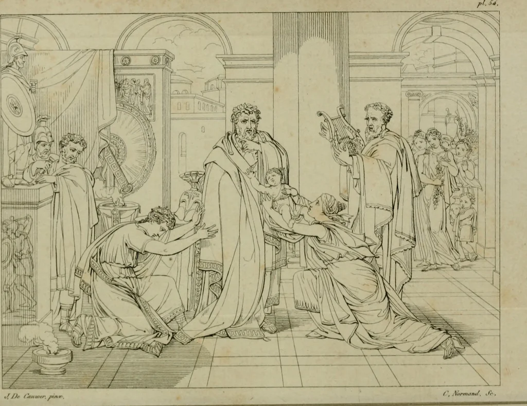 An illustration from Annales du Salon de Gand et de l'école moderne des Pays-Bas : recueil de morceaux choisis parmi les ouvrages de peinture, sculpture, architecture et gravure, esposés au musée en 1820, et d'autres nouvelles productions d l'art : gravés au trait, avec l'explication des sujets et une notice sur les artistes, 1823, leaf 222