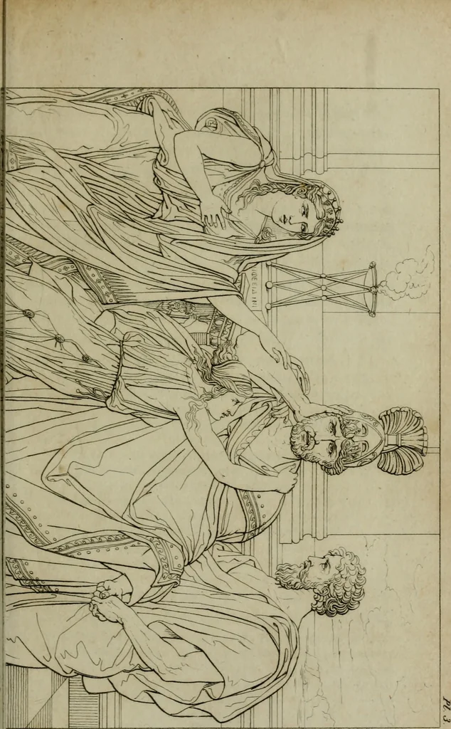 An illustration from Annales du Salon de Gand et de l'école moderne des Pays-Bas : recueil de morceaux choisis parmi les ouvrages de peinture, sculpture, architecture et gravure, esposés au musée en 1820, et d'autres nouvelles productions d l'art : gravés au trait, avec l'explication des sujets et une notice sur les artistes, 1823, leaf 28