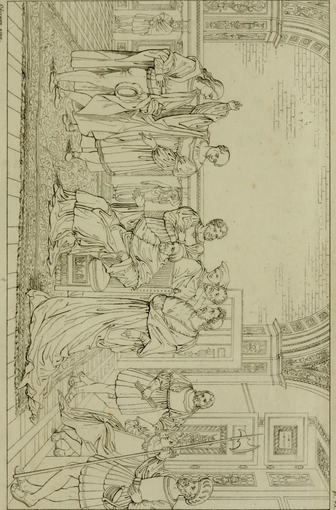 An illustration from Annales du Salon de Gand et de l'école moderne des Pays-Bas : recueil de morceaux choisis parmi les ouvrages de peinture, sculpture, architecture et gravure, esposés au musée en 1820, et d'autres nouvelles productions d l'art : gravés au trait, avec l'explication des sujets et une notice sur les artistes, 1823, leaf 292