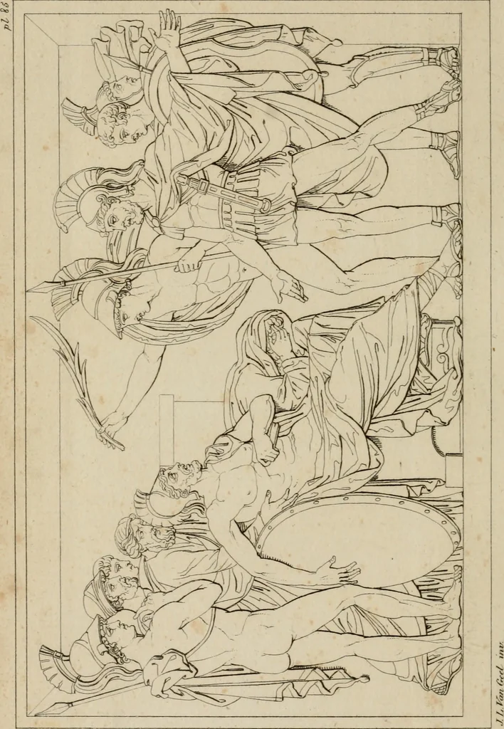 An illustration from Annales du Salon de Gand et de l'école moderne des Pays-Bas : recueil de morceaux choisis parmi les ouvrages de peinture, sculpture, architecture et gravure, esposés au musée en 1820, et d'autres nouvelles productions d l'art : gravés au trait, avec l'explication des sujets et une notice sur les artistes, 1823, leaf 319