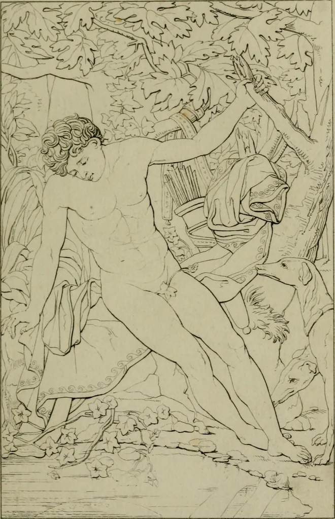 An illustration from Annales du Salon de Gand et de l'école moderne des Pays-Bas : recueil de morceaux choisis parmi les ouvrages de peinture, sculpture, architecture et gravure, esposés au musée en 1820, et d'autres nouvelles productions d l'art : gravés au trait, avec l'explication des sujets et une notice sur les artistes, 1823, leaf 46