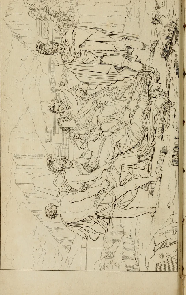 An illustration from Annales du Salon de Gand et de l'école moderne des Pays-Bas : recueil de morceaux choisis parmi les ouvrages de peinture, sculpture, architecture et gravure, esposés au musée en 1820, et d'autres nouvelles productions d l'art : gravés au trait, avec l'explication des sujets et une notice sur les artistes, 1823, leaf 53