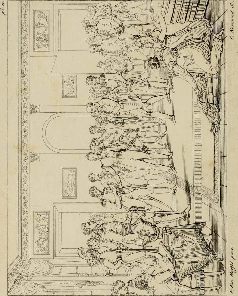 An illustration from Annales du Salon de Gand et de l'école moderne des Pays-Bas : recueil de morceaux choisis parmi les ouvrages de peinture, sculpture, architecture et gravure, esposés au musée en 1820, et d'autres nouvelles productions d l'art : gravés au trait, avec l'explication des sujets et une notice sur les artistes, 1823, leaf 63