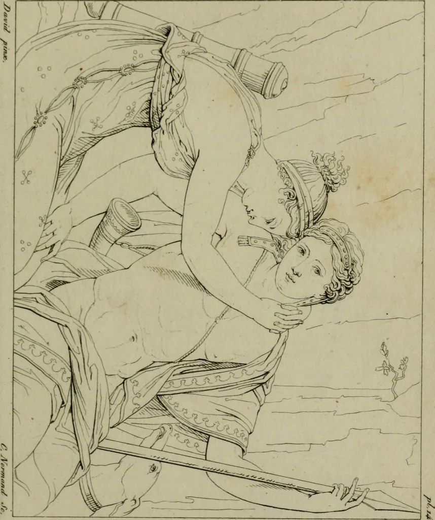 An illustration from Annales du Salon de Gand et de l'école moderne des Pays-Bas : recueil de morceaux choisis parmi les ouvrages de peinture, sculpture, architecture et gravure, esposés au musée en 1820, et d'autres nouvelles productions d l'art : gravés au trait, avec l'explication des sujets et une notice sur les artistes, 1823, leaf 74