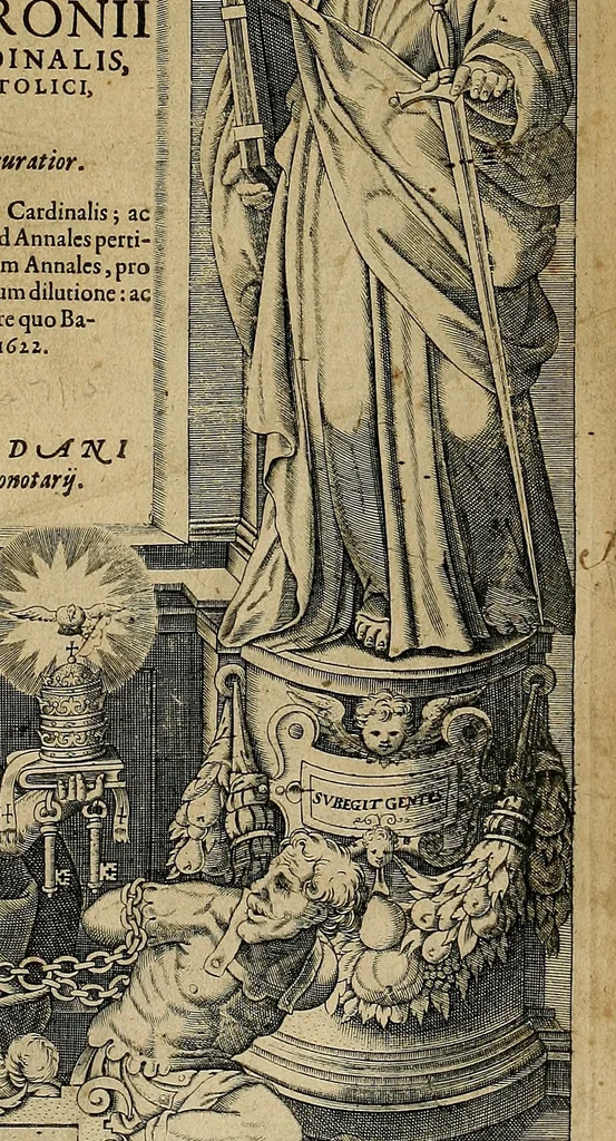 An illustration from Annales ecclesiastici : ex XII. Tomis Cæsaris Baronii S.R.E. presb. cardinalis, bibliothecarii apostolici, in epitomen redacti, 1623, leaf 8