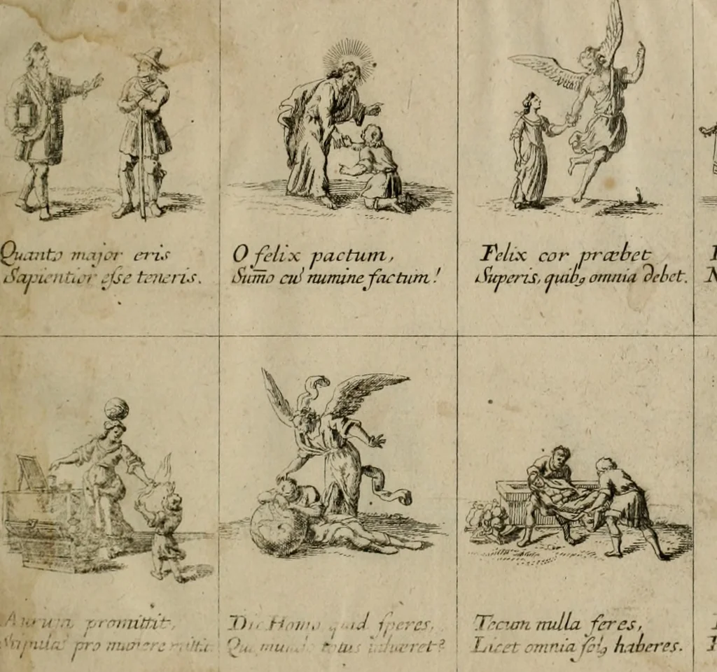 An illustration from Annus symbolicus, emblemmatice, et versu leonino : quemcumq[ue] statum hominum incitans ad animum pie recreandum : humillimè oblatus serenissimo electorali principi Carolo Alberto vtriusq[ue] Bavariae &c. duci. etc. etc. [sic] : accrescenti orbis terrae delicio, 1699, leaf 12