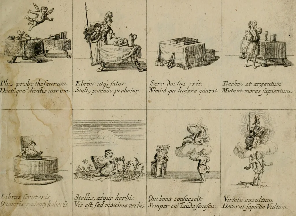 An illustration from Annus symbolicus, emblemmatice, et versu leonino : quemcumq[ue] statum hominum incitans ad animum pie recreandum : humillimè oblatus serenissimo electorali principi Carolo Alberto vtriusq[ue] Bavariae &c. duci. etc. etc. [sic] : accrescenti orbis terrae delicio, 1699, leaf 18