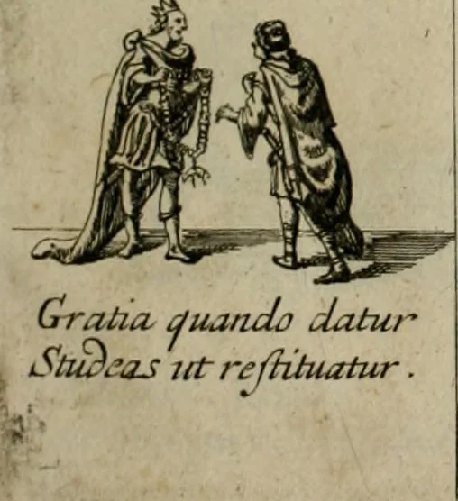 An illustration from Annus symbolicus, emblemmatice, et versu leonino : quemcumq[ue] statum hominum incitans ad animum pie recreandum : humillimè oblatus serenissimo electorali principi Carolo Alberto vtriusq[ue] Bavariae &c. duci. etc. etc. [sic] : accrescenti orbis terrae delicio, 1699, leaf 34