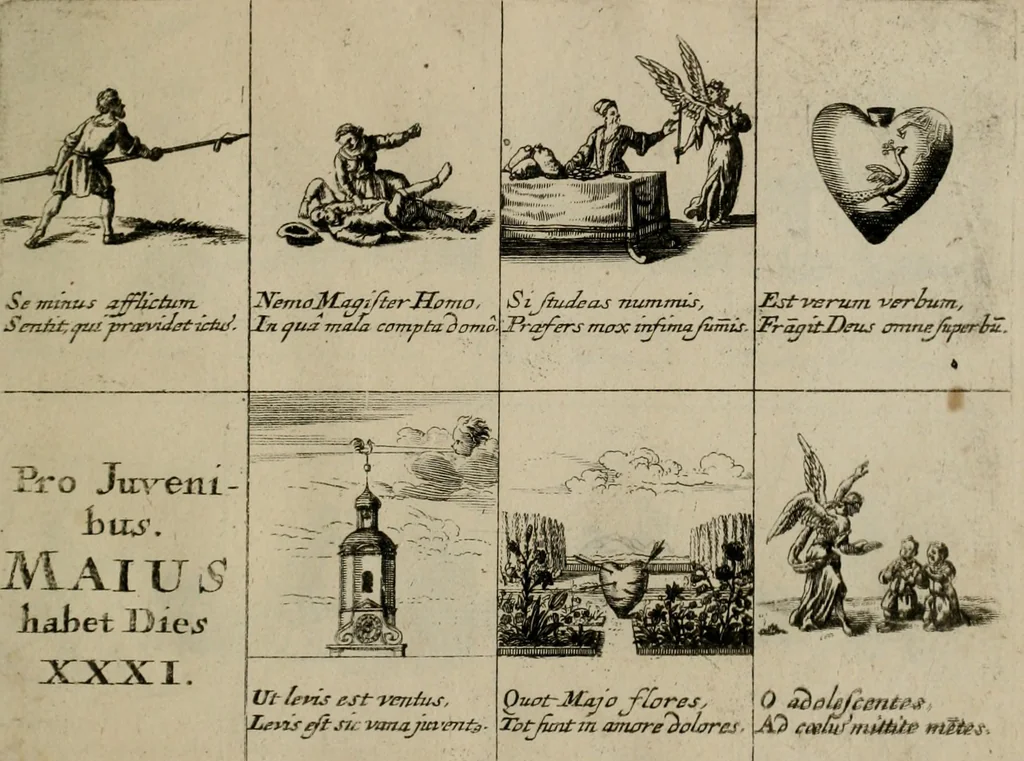 An illustration from Annus symbolicus, emblemmatice, et versu leonino : quemcumq[ue] statum hominum incitans ad animum pie recreandum : humillimè oblatus serenissimo electorali principi Carolo Alberto vtriusq[ue] Bavariae &c. duci. etc. etc. [sic] : accrescenti orbis terrae delicio, 1699, leaf 38