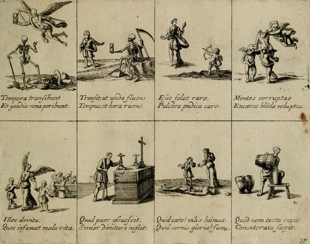 An illustration from Annus symbolicus, emblemmatice, et versu leonino : quemcumq[ue] statum hominum incitans ad animum pie recreandum : humillimè oblatus serenissimo electorali principi Carolo Alberto vtriusq[ue] Bavariae &c. duci. etc. etc. [sic] : accrescenti orbis terrae delicio, 1699, leaf 40