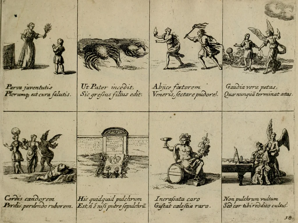 An illustration from Annus symbolicus, emblemmatice, et versu leonino : quemcumq[ue] statum hominum incitans ad animum pie recreandum : humillimè oblatus serenissimo electorali principi Carolo Alberto vtriusq[ue] Bavariae &c. duci. etc. etc. [sic] : accrescenti orbis terrae delicio, 1699, leaf 42