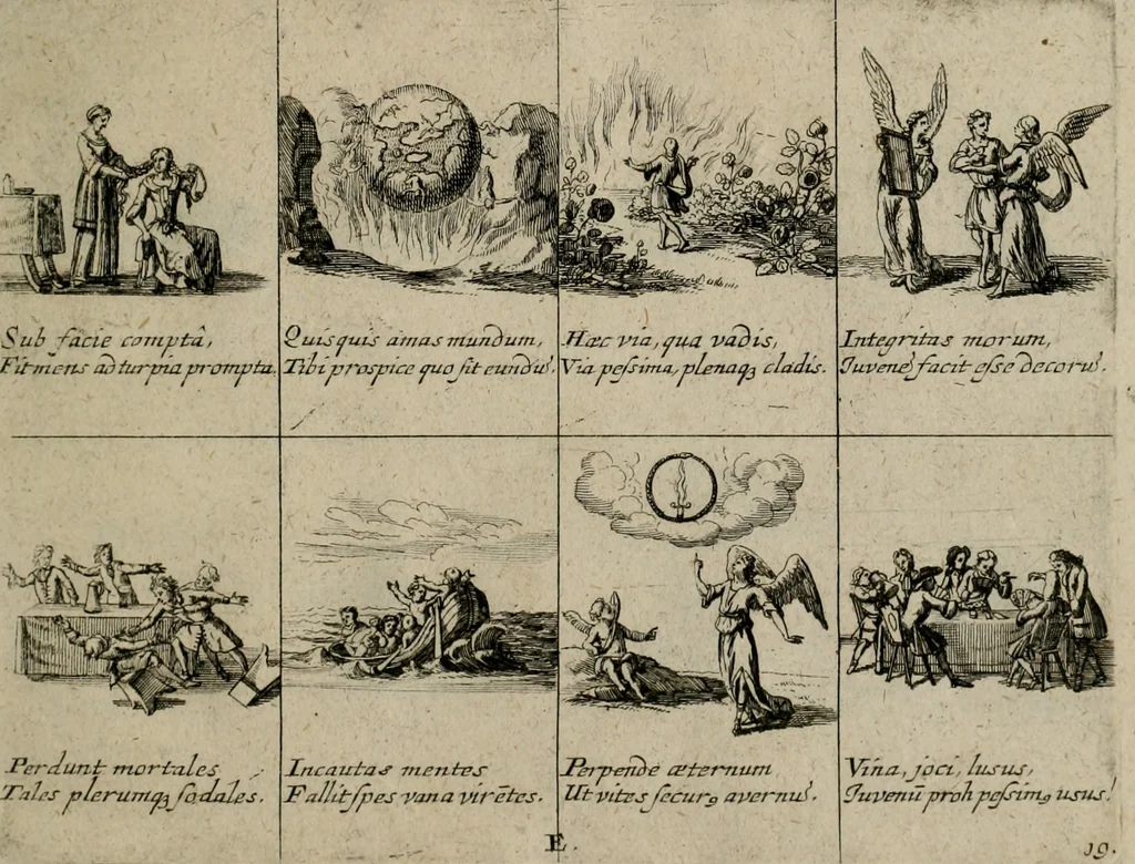 An illustration from Annus symbolicus, emblemmatice, et versu leonino : quemcumq[ue] statum hominum incitans ad animum pie recreandum : humillimè oblatus serenissimo electorali principi Carolo Alberto vtriusq[ue] Bavariae &c. duci. etc. etc. [sic] : accrescenti orbis terrae delicio, 1699, leaf 44