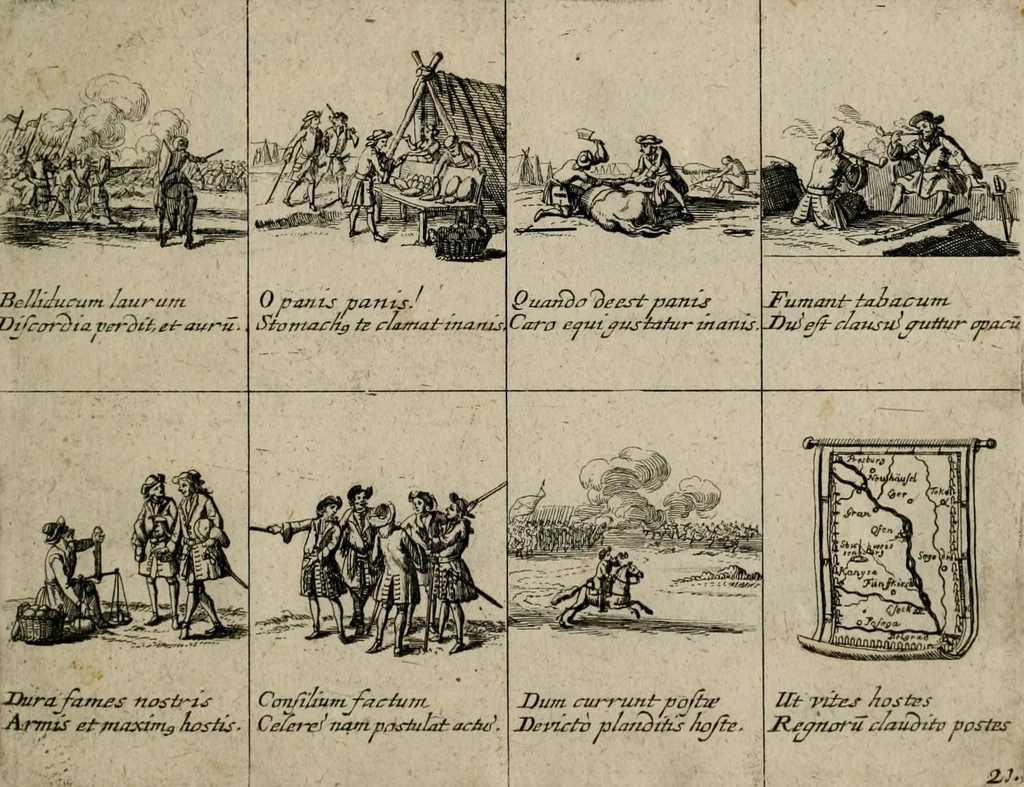 An illustration from Annus symbolicus, emblemmatice, et versu leonino : quemcumq[ue] statum hominum incitans ad animum pie recreandum : humillimè oblatus serenissimo electorali principi Carolo Alberto vtriusq[ue] Bavariae &c. duci. etc. etc. [sic] : accrescenti orbis terrae delicio, 1699, leaf 48