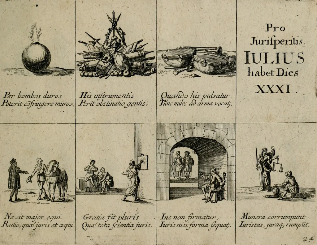 An illustration from Annus symbolicus, emblemmatice, et versu leonino : quemcumq[ue] statum hominum incitans ad animum pie recreandum : humillimè oblatus serenissimo electorali principi Carolo Alberto vtriusq[ue] Bavariae &c. duci. etc. etc. [sic] : accrescenti orbis terrae delicio, 1699, leaf 54