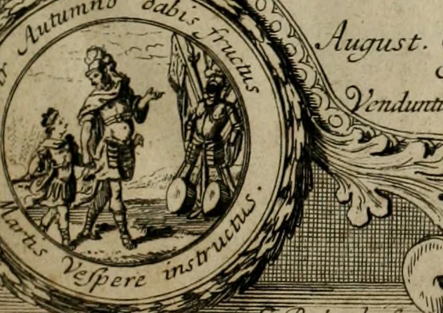 An illustration from Annus symbolicus, emblemmatice, et versu leonino : quemcumq[ue] statum hominum incitans ad animum pie recreandum : humillimè oblatus serenissimo electorali principi Carolo Alberto vtriusq[ue] Bavariae &c. duci. etc. etc. [sic] : accrescenti orbis terrae delicio, 1699, leaf 6
