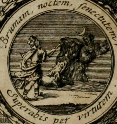An illustration from Annus symbolicus, emblemmatice, et versu leonino : quemcumq[ue] statum hominum incitans ad animum pie recreandum : humillimè oblatus serenissimo electorali principi Carolo Alberto vtriusq[ue] Bavariae &c. duci. etc. etc. [sic] : accrescenti orbis terrae delicio, 1699, leaf 6