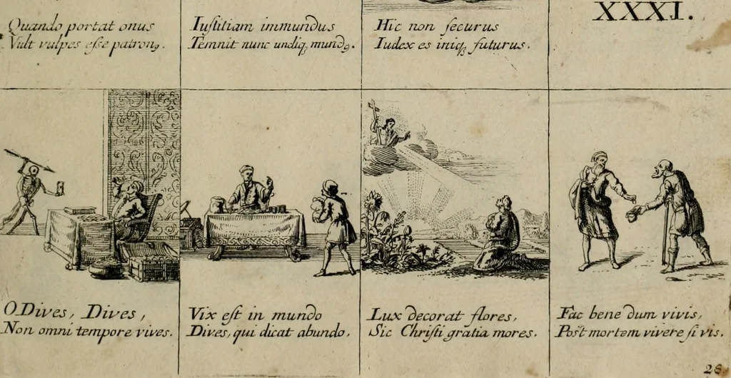 An illustration from Annus symbolicus, emblemmatice, et versu leonino : quemcumq[ue] statum hominum incitans ad animum pie recreandum : humillimè oblatus serenissimo electorali principi Carolo Alberto vtriusq[ue] Bavariae &c. duci. etc. etc. [sic] : accrescenti orbis terrae delicio, 1699, leaf 62