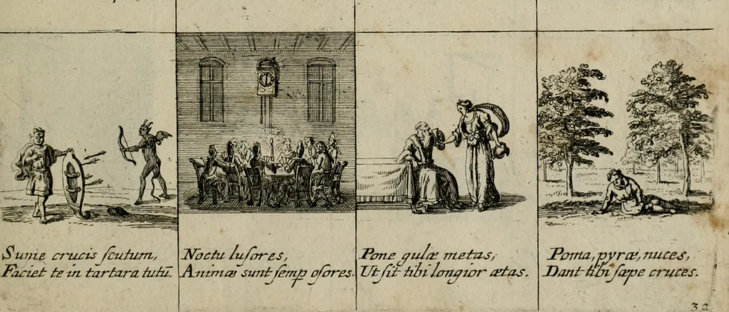 An illustration from Annus symbolicus, emblemmatice, et versu leonino : quemcumq[ue] statum hominum incitans ad animum pie recreandum : humillimè oblatus serenissimo electorali principi Carolo Alberto vtriusq[ue] Bavariae &c. duci. etc. etc. [sic] : accrescenti orbis terrae delicio, 1699, leaf 70