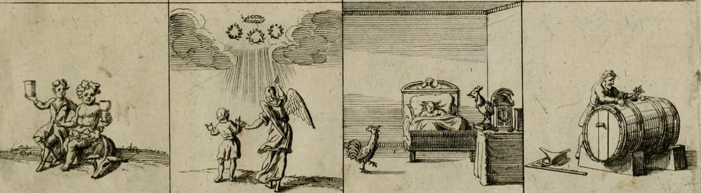 An illustration from Annus symbolicus, emblemmatice, et versu leonino : quemcumq[ue] statum hominum incitans ad animum pie recreandum : humillimè oblatus serenissimo electorali principi Carolo Alberto vtriusq[ue] Bavariae &c. duci. etc. etc. [sic] : accrescenti orbis terrae delicio, 1699, leaf 76