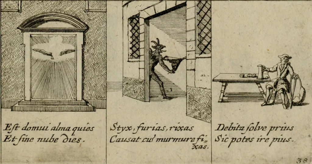 An illustration from Annus symbolicus, emblemmatice, et versu leonino : quemcumq[ue] statum hominum incitans ad animum pie recreandum : humillimè oblatus serenissimo electorali principi Carolo Alberto vtriusq[ue] Bavariae &c. duci. etc. etc. [sic] : accrescenti orbis terrae delicio, 1699, leaf 82