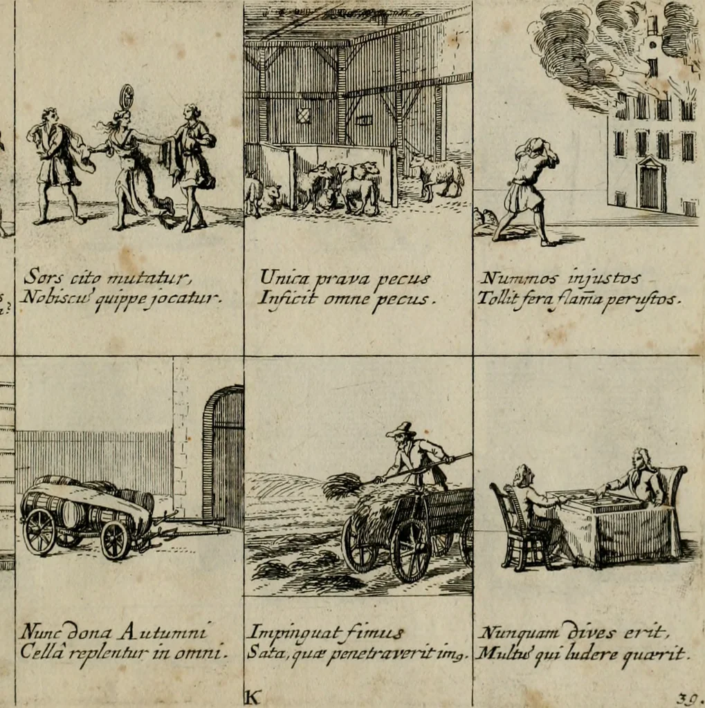 An illustration from Annus symbolicus, emblemmatice, et versu leonino : quemcumq[ue] statum hominum incitans ad animum pie recreandum : humillimè oblatus serenissimo electorali principi Carolo Alberto vtriusq[ue] Bavariae &c. duci. etc. etc. [sic] : accrescenti orbis terrae delicio, 1699, leaf 84