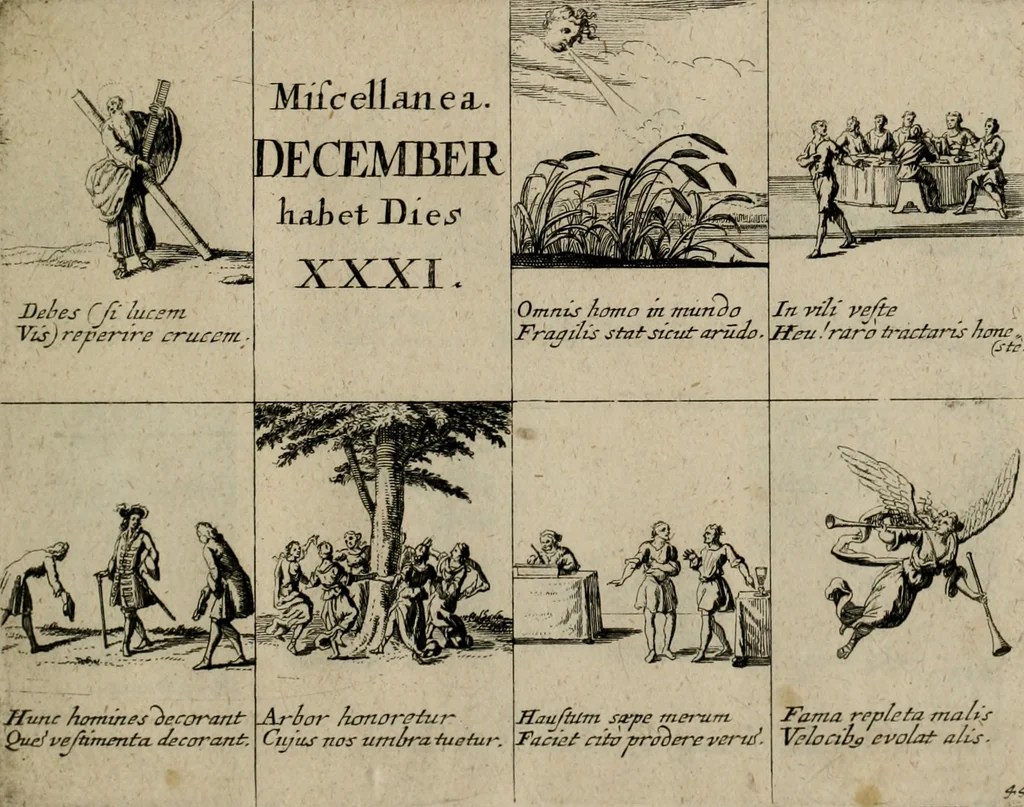 An illustration from Annus symbolicus, emblemmatice, et versu leonino : quemcumq[ue] statum hominum incitans ad animum pie recreandum : humillimè oblatus serenissimo electorali principi Carolo Alberto vtriusq[ue] Bavariae &c. duci. etc. etc. [sic] : accrescenti orbis terrae delicio, 1699, leaf 94