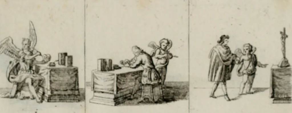 An illustration from Annus symbolicus, emblemmatice, et versu leonino : quemcumq[ue] statum hominum incitans ad animum pie recreandum. Humillimè oblatus serenissimo electorali principi Iosepho Ferdinando vtriusq[ue] Bavariae &c. duci. etc. etc. Accrescenti orbis terrae delicio, 1696, leaf 14