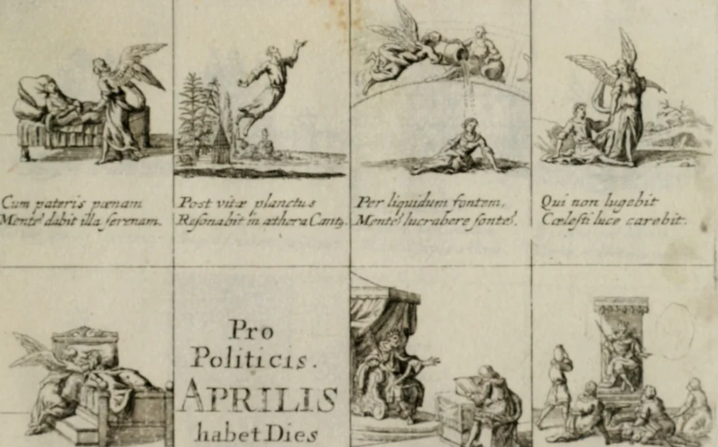 An illustration from Annus symbolicus, emblemmatice, et versu leonino : quemcumq[ue] statum hominum incitans ad animum pie recreandum. Humillimè oblatus serenissimo electorali principi Iosepho Ferdinando vtriusq[ue] Bavariae &c. duci. etc. etc. Accrescenti orbis terrae delicio, 1696, leaf 28