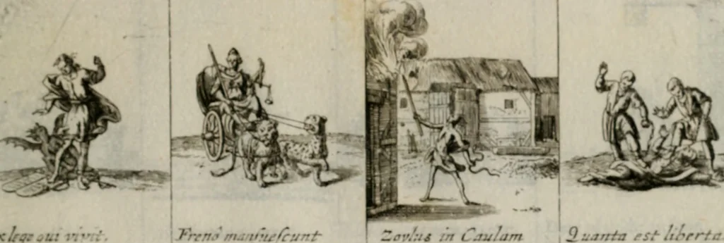 An illustration from Annus symbolicus, emblemmatice, et versu leonino : quemcumq[ue] statum hominum incitans ad animum pie recreandum. Humillimè oblatus serenissimo electorali principi Iosepho Ferdinando vtriusq[ue] Bavariae &c. duci. etc. etc. Accrescenti orbis terrae delicio, 1696, leaf 30