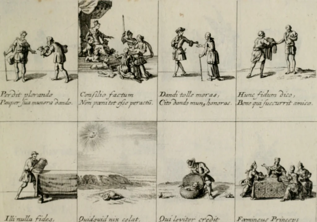 An illustration from Annus symbolicus, emblemmatice, et versu leonino : quemcumq[ue] statum hominum incitans ad animum pie recreandum. Humillimè oblatus serenissimo electorali principi Iosepho Ferdinando vtriusq[ue] Bavariae &c. duci. etc. etc. Accrescenti orbis terrae delicio, 1696, leaf 34