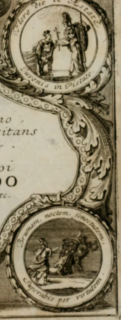 An illustration from Annus symbolicus, emblemmatice, et versu leonino : quemcumq[ue] statum hominum incitans ad animum pie recreandum. Humillimè oblatus serenissimo electorali principi Iosepho Ferdinando vtriusq[ue] Bavariae &c. duci. etc. etc. Accrescenti orbis terrae delicio, 1696, leaf 4